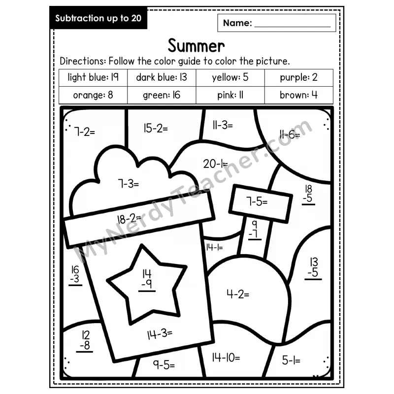 Subtraction to 20 Color by Number — Summer (Page 3)