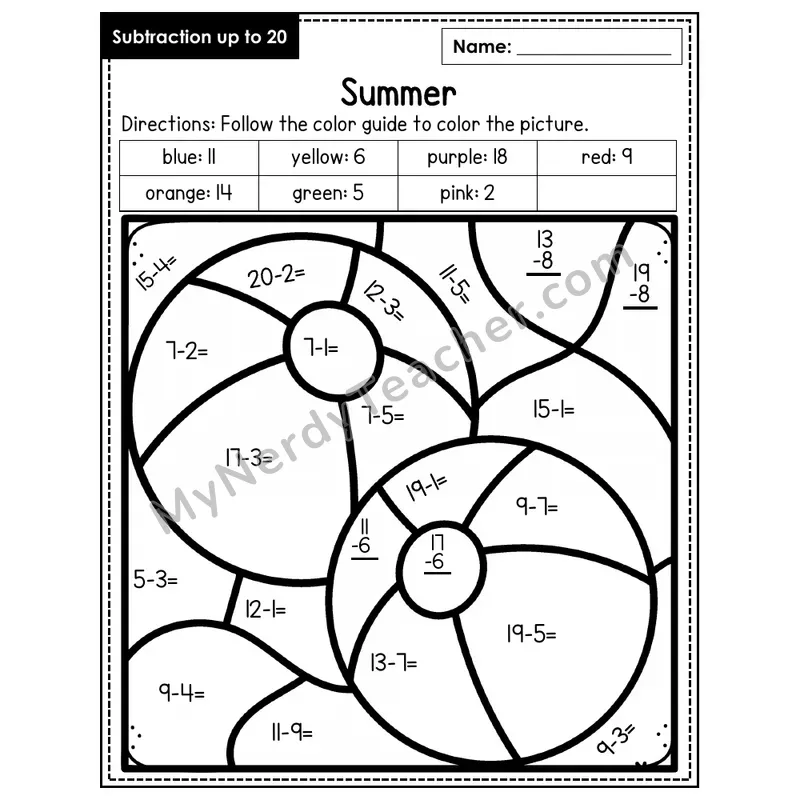 Subtraction to 20 Color by Number — Summer (Page 2)
