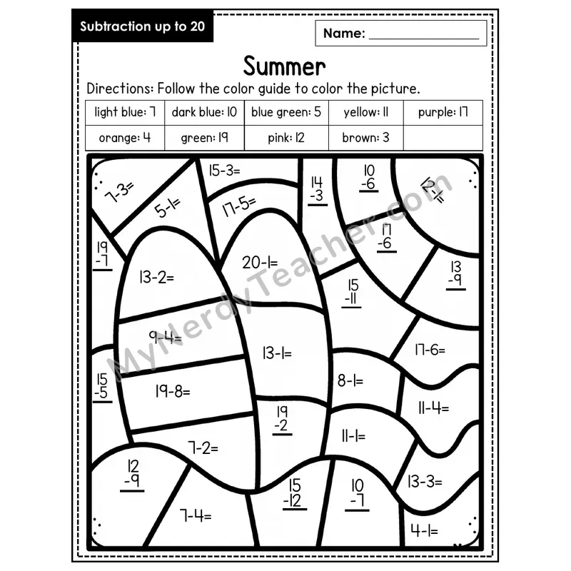 Subtraction to 20 Color by Number — Summer (Page 1)