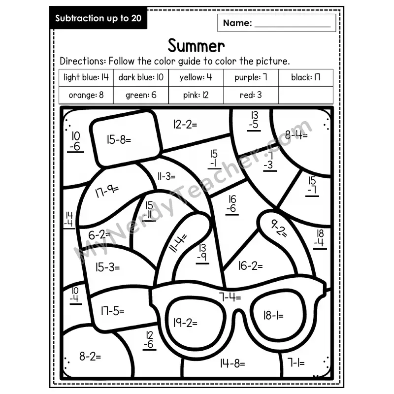 Subtraction to 20 Color by Number — Summer (Page 8)