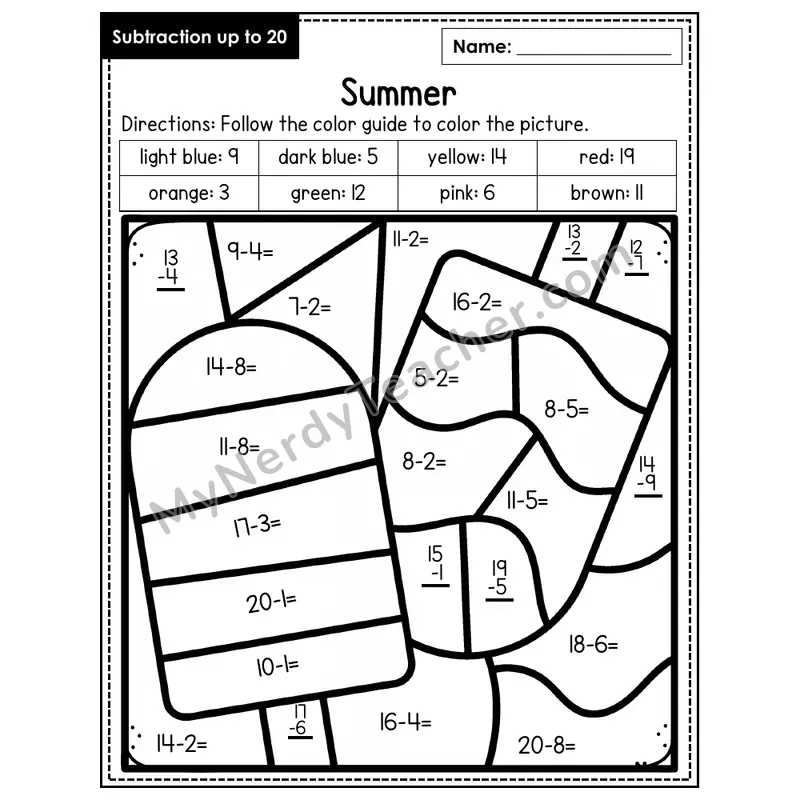 Subtraction to 20 Color by Number — Summer (Page 5)
