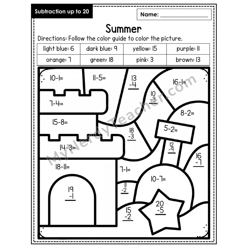 Subtraction to 20 Color by Number — Summer (Page 7)