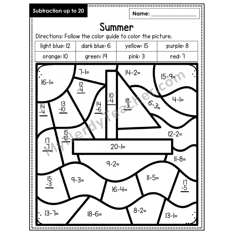 Subtraction to 20 Color by Number — Summer (Page 6)