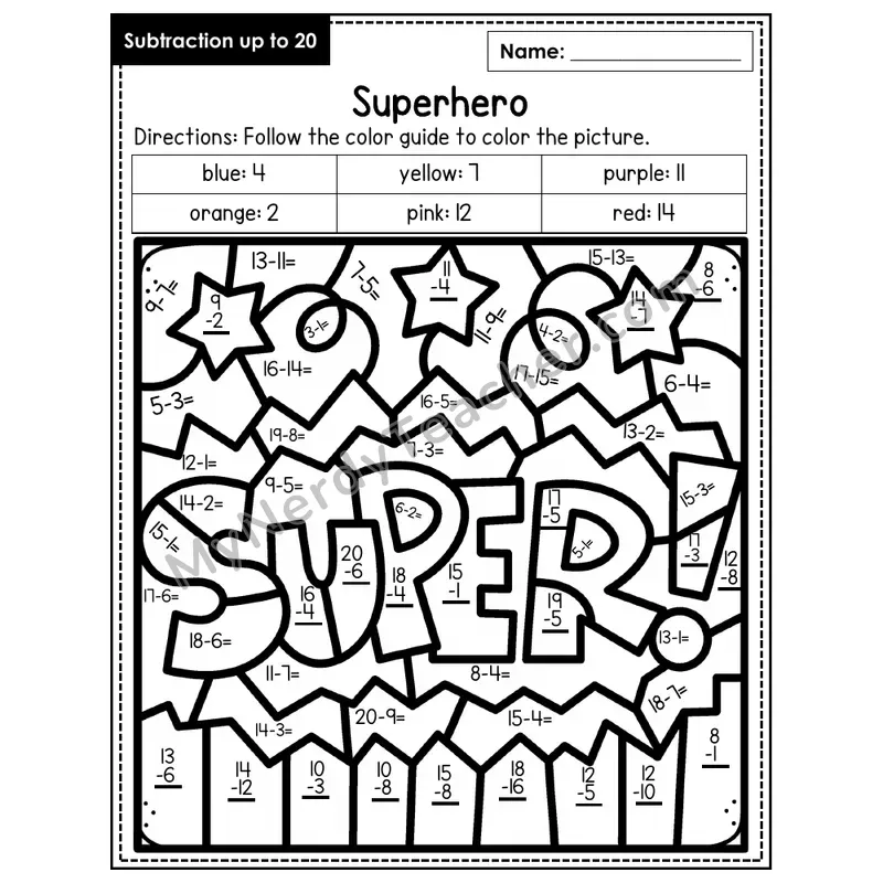 Subtraction to 20 Color by Number — Superhero (Page 1)