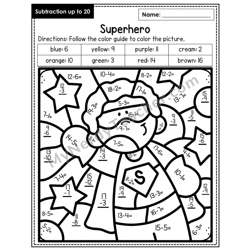 Subtraction to 20 Color by Number — Superhero (Page 3)
