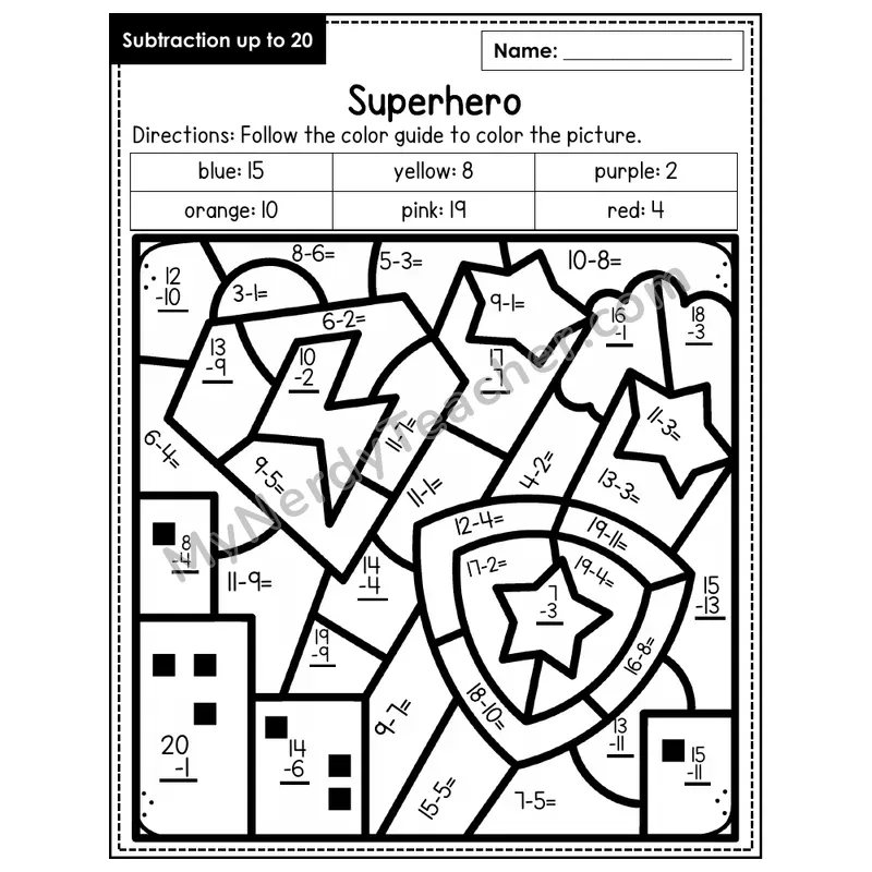 Subtraction to 20 Color by Number — Superhero (Page 2)