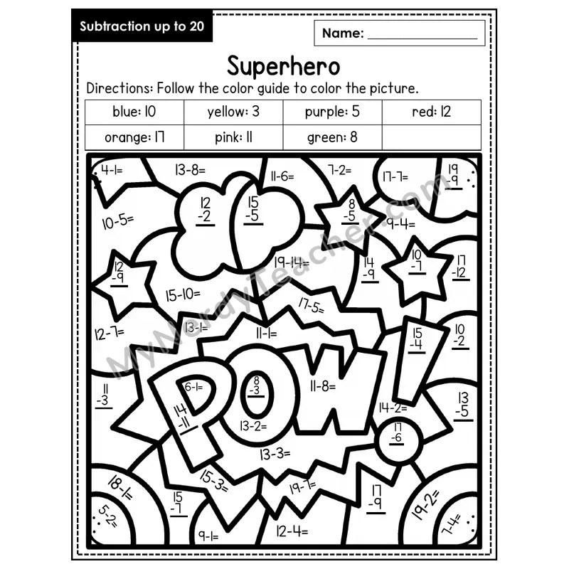 Subtraction to 20 Color by Number — Superhero (Page 4)