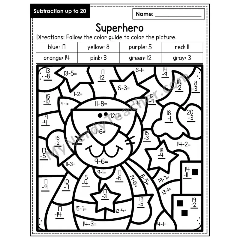 Subtraction to 20 Color by Number — Superhero (Page 6)