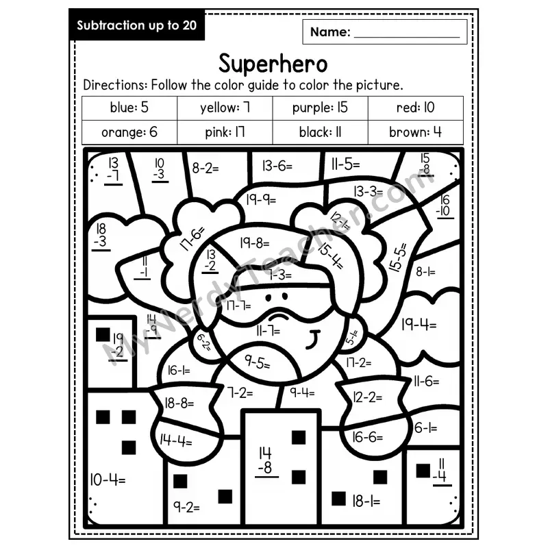 Subtraction to 20 Color by Number — Superhero (Page 7)