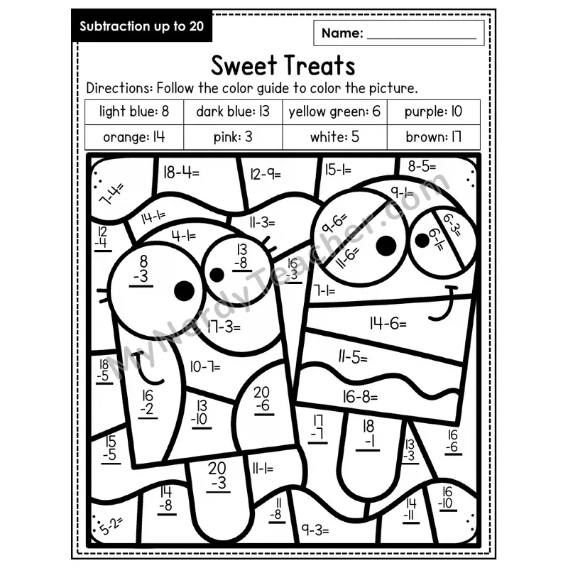 Subtraction to 20 Color by Number — Sweet Treats (Page 2)