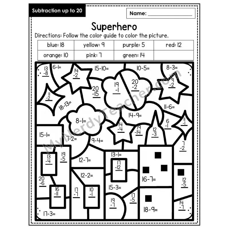 Subtraction to 20 Color by Number — Superhero (Page 8)
