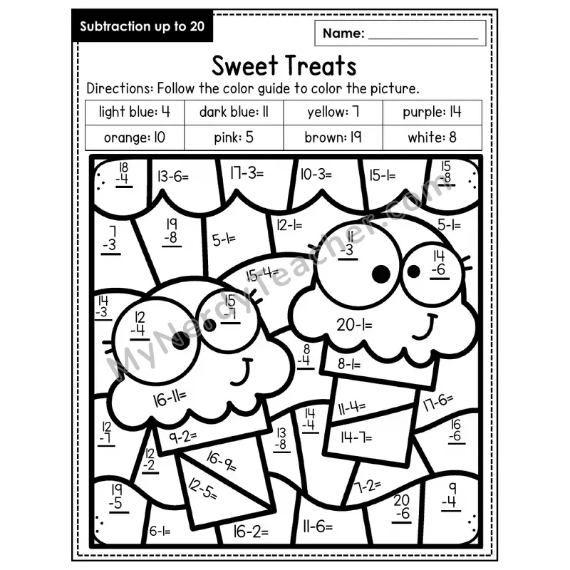 Subtraction to 20 Color by Number — Sweet Treats (Page 3)