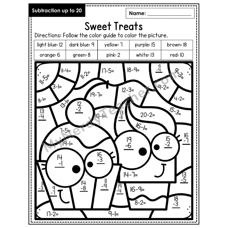 Subtraction to 20 Color by Number — Sweet Treats (Page 4)