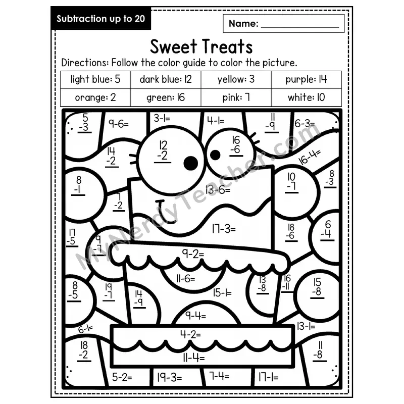 Subtraction to 20 Color by Number — Sweet Treats (Page 5)