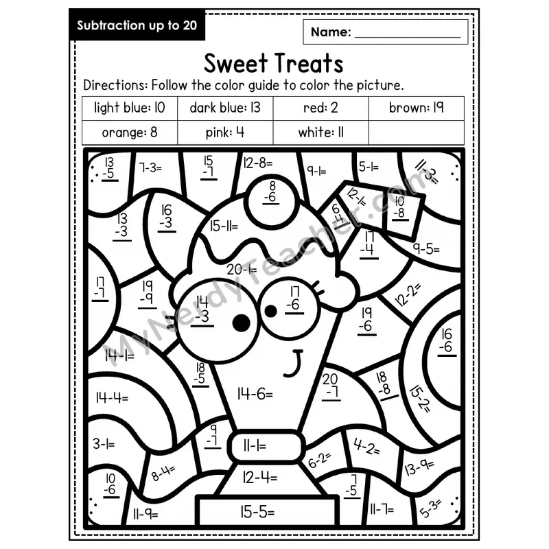 Subtraction to 20 Color by Number — Sweet Treats (Page 7)