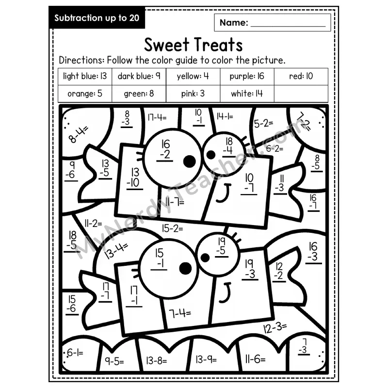 Subtraction to 20 Color by Number — Sweet Treats (Page 8)