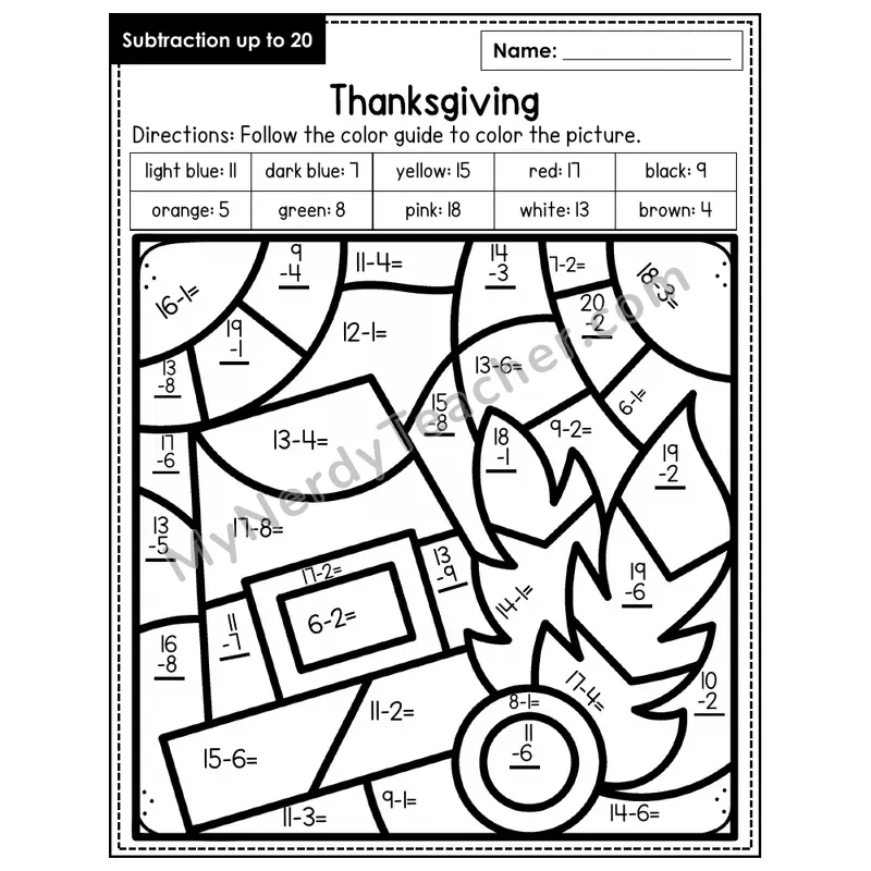 Subtraction to 20 Color by Number — Thanksgiving (Page 2)