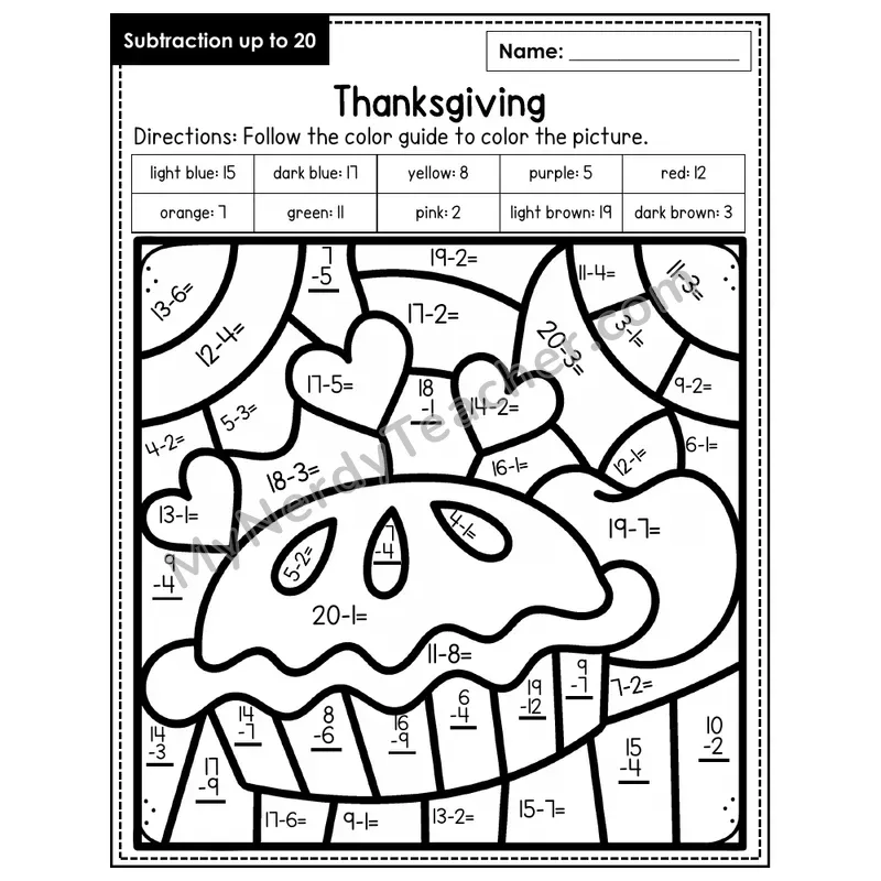 Subtraction to 20 Color by Number — Thanksgiving (Page 4)