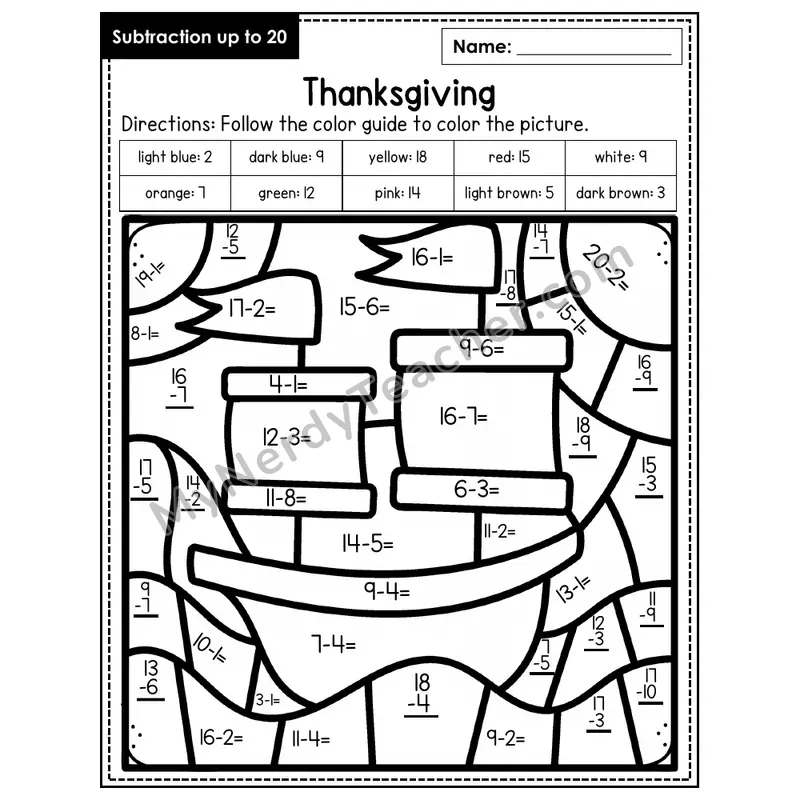 Subtraction to 20 Color by Number — Thanksgiving (Page 3)