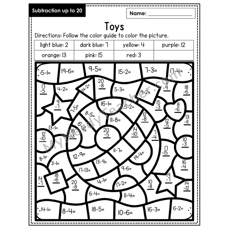 Subtraction to 20 Color by Number — Toys (Page 1)