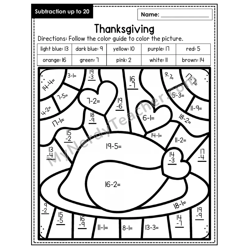 Subtraction to 20 Color by Number — Thanksgiving (Page 8)