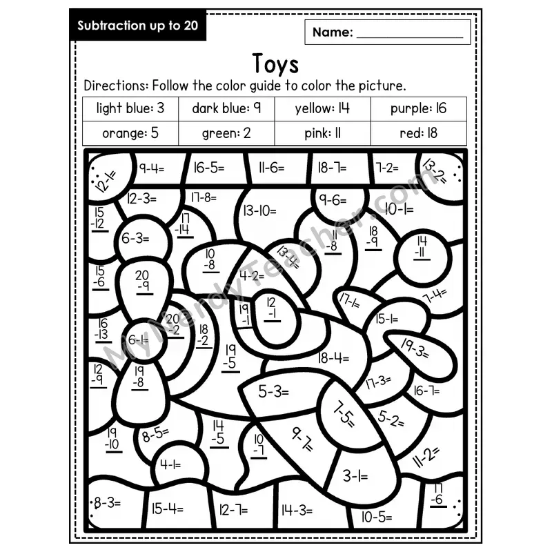 Subtraction to 20 Color by Number — Toys (Page 5)