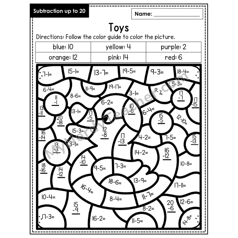 Subtraction to 20 Color by Number — Toys (Page 7)
