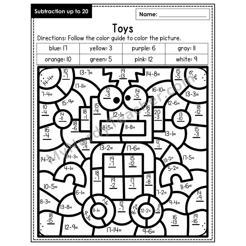 Subtraction to 20 Color by Number — Toys (Page 6)