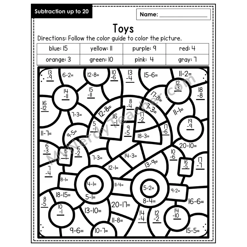 Subtraction to 20 Color by Number — Toys (Page 3)