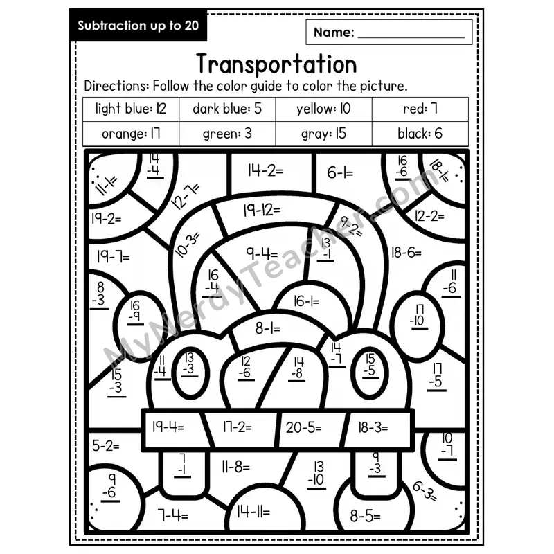 Subtraction to 20 Color by Number — Transportation (Page 3)
