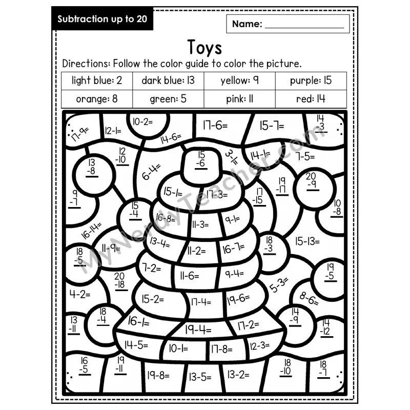 Subtraction to 20 Color by Number — Toys (Page 8)