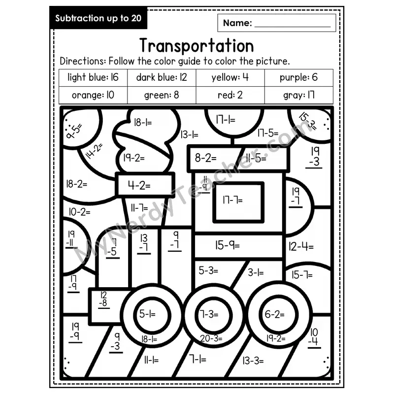 Subtraction to 20 Color by Number — Transportation (Page 7)