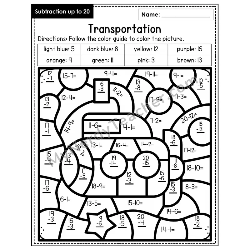 Subtraction to 20 Color by Number — Transportation (Page 6)