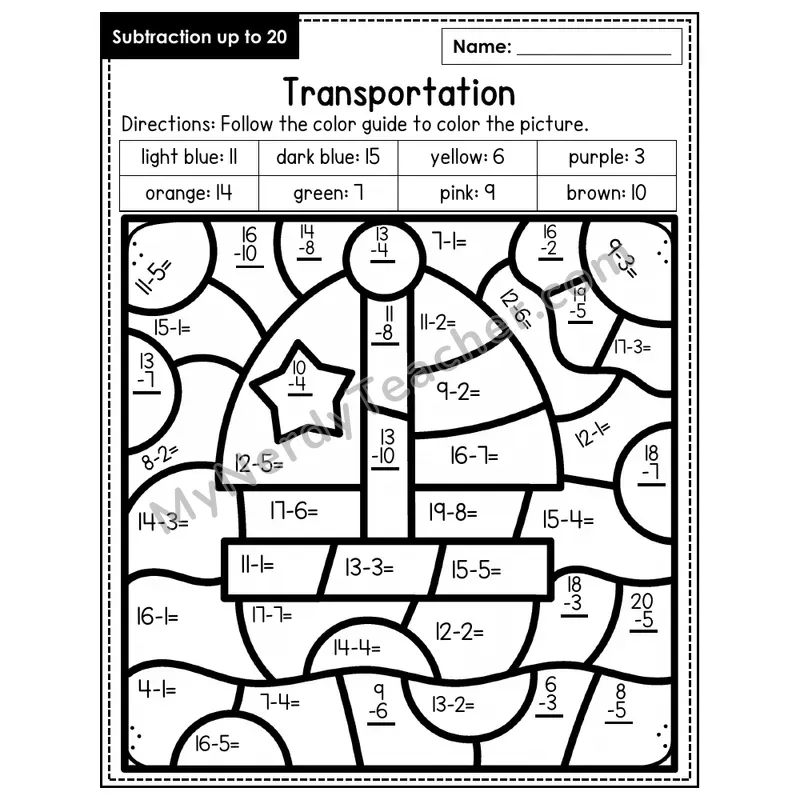 Subtraction to 20 Color by Number — Transportation (Page 5)