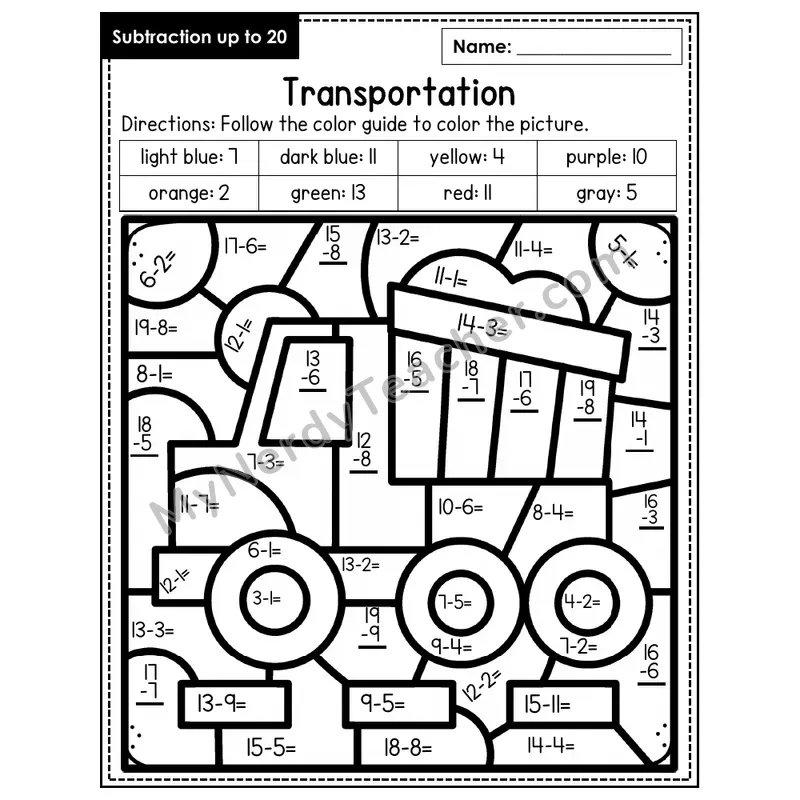 Subtraction to 20 Color by Number — Transportation (Page 8)