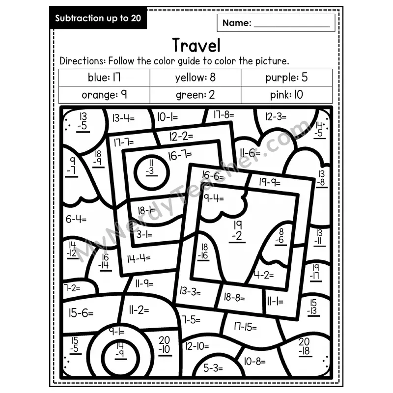 Subtraction to 20 Color by Number — Travel (Page 1)