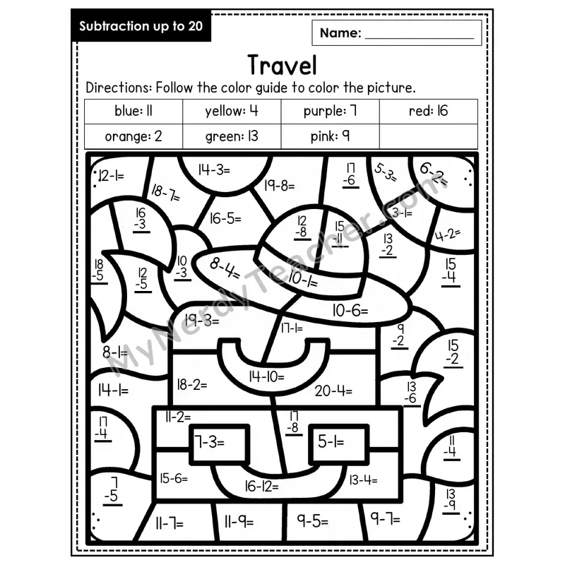Subtraction to 20 Color by Number — Travel (Page 3)