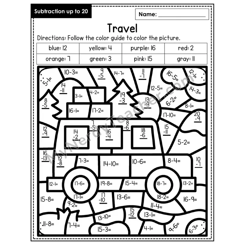 Subtraction to 20 Color by Number — Travel (Page 5)