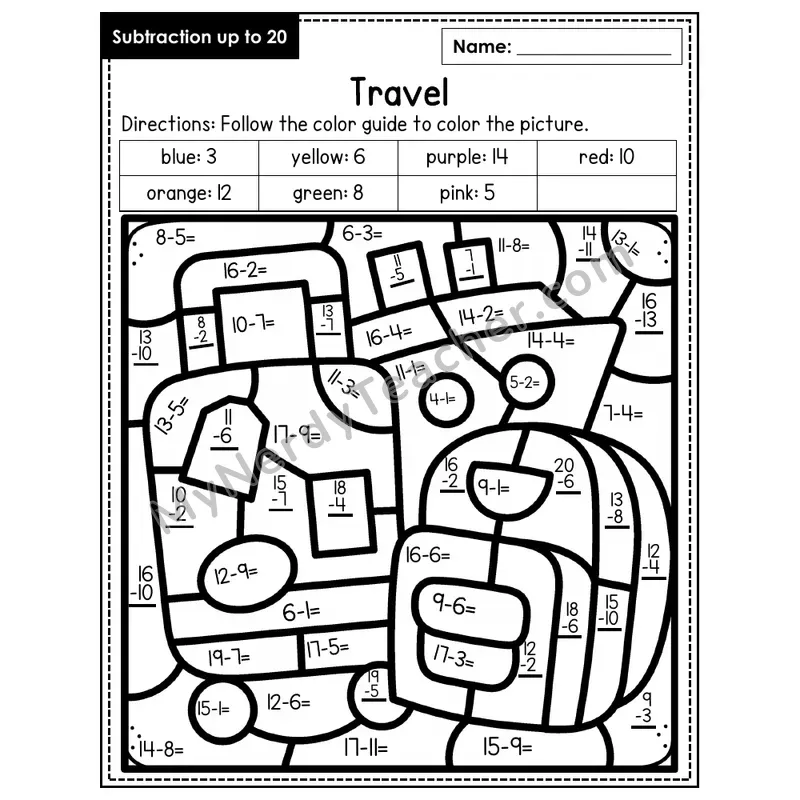 Subtraction to 20 Color by Number — Travel (Page 7)