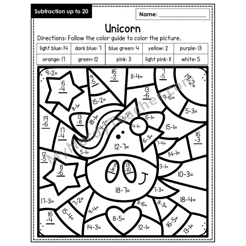 Subtraction to 20 Color by Number — Unicorn (Page 1)