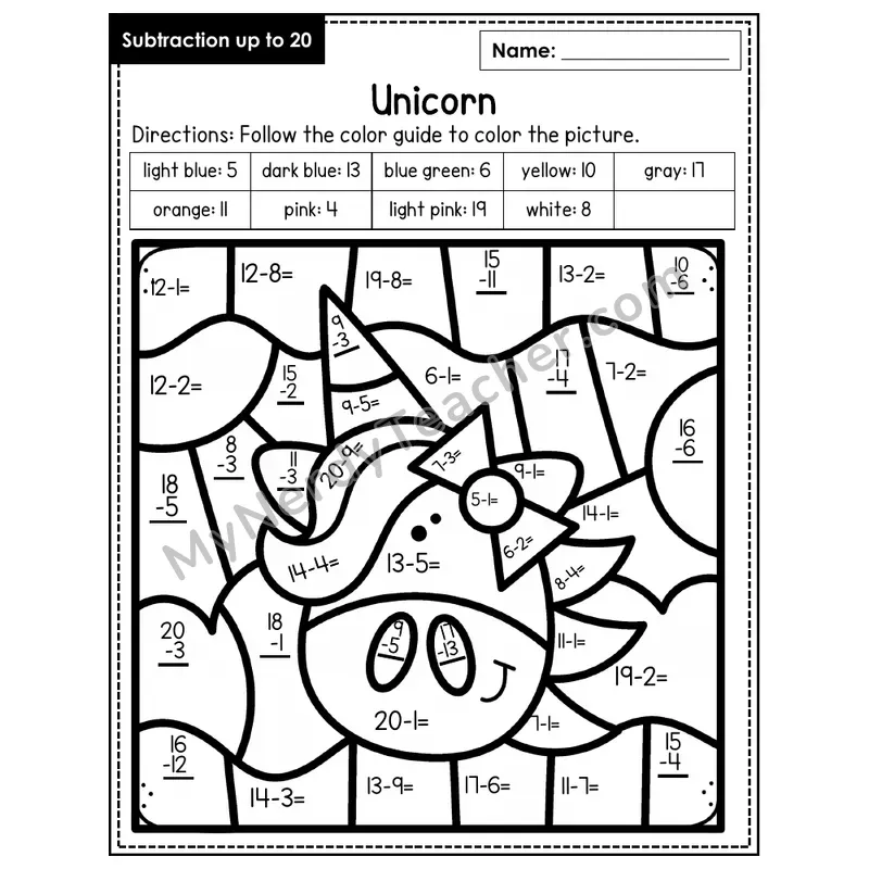 Subtraction to 20 Color by Number — Unicorn (Page 7)
