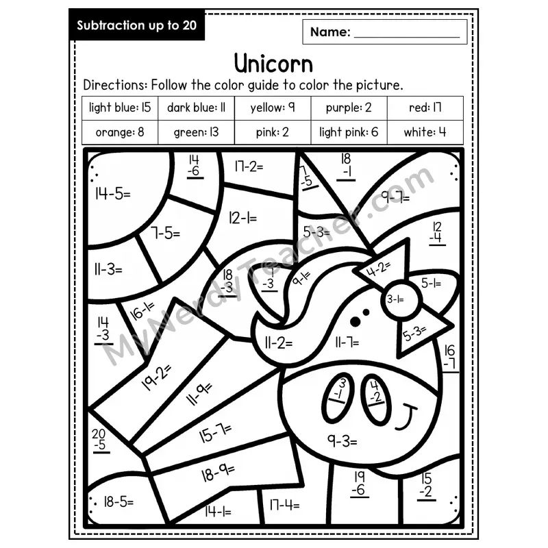 Subtraction to 20 Color by Number — Unicorn (Page 8)