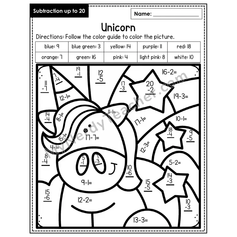 Subtraction to 20 Color by Number — Unicorn (Page 6)