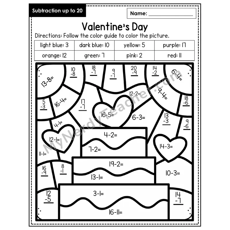 Subtraction to 20 Color by Number — Valentine's Day (Page 2)