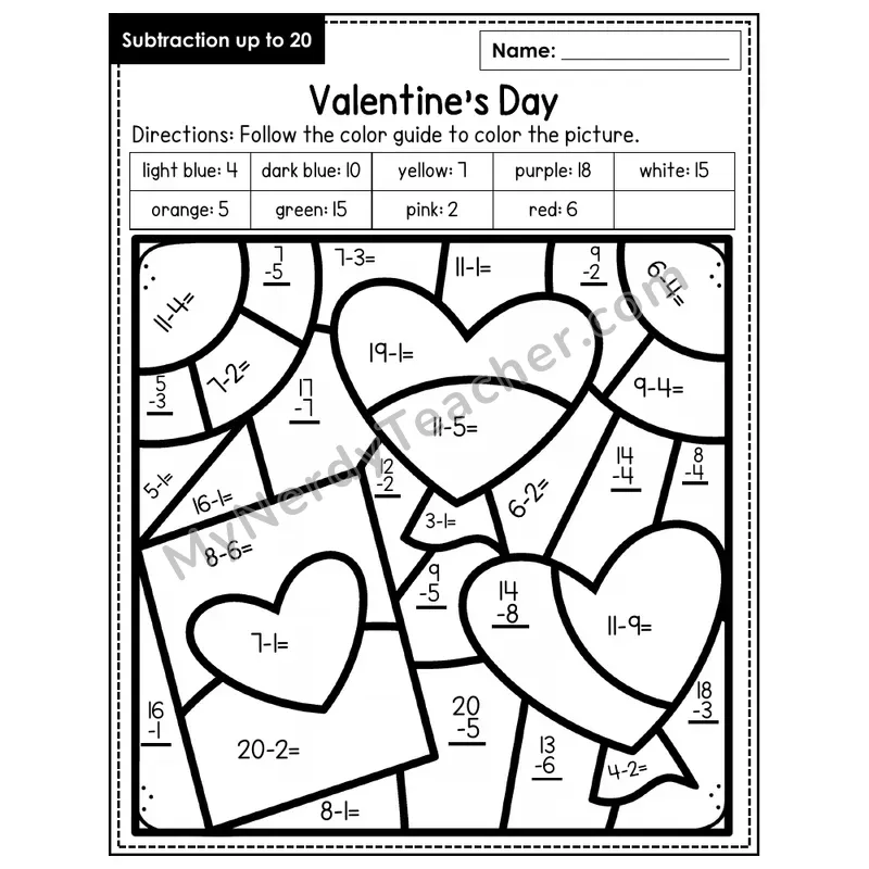 Subtraction to 20 Color by Number — Valentine's Day (Page 5)