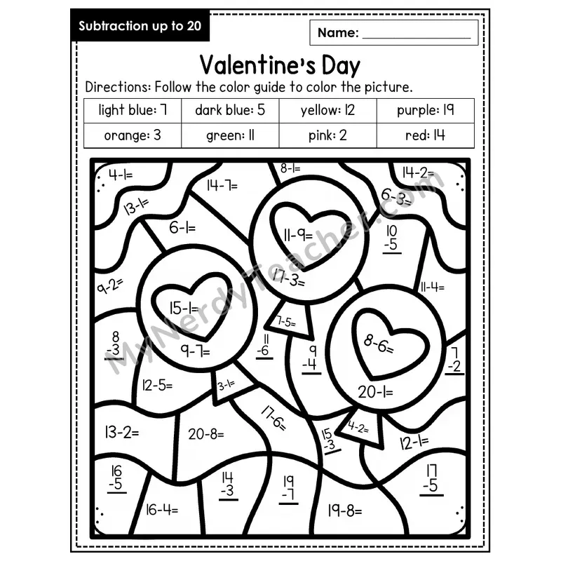Subtraction to 20 Color by Number — Valentine's Day (Page 1)