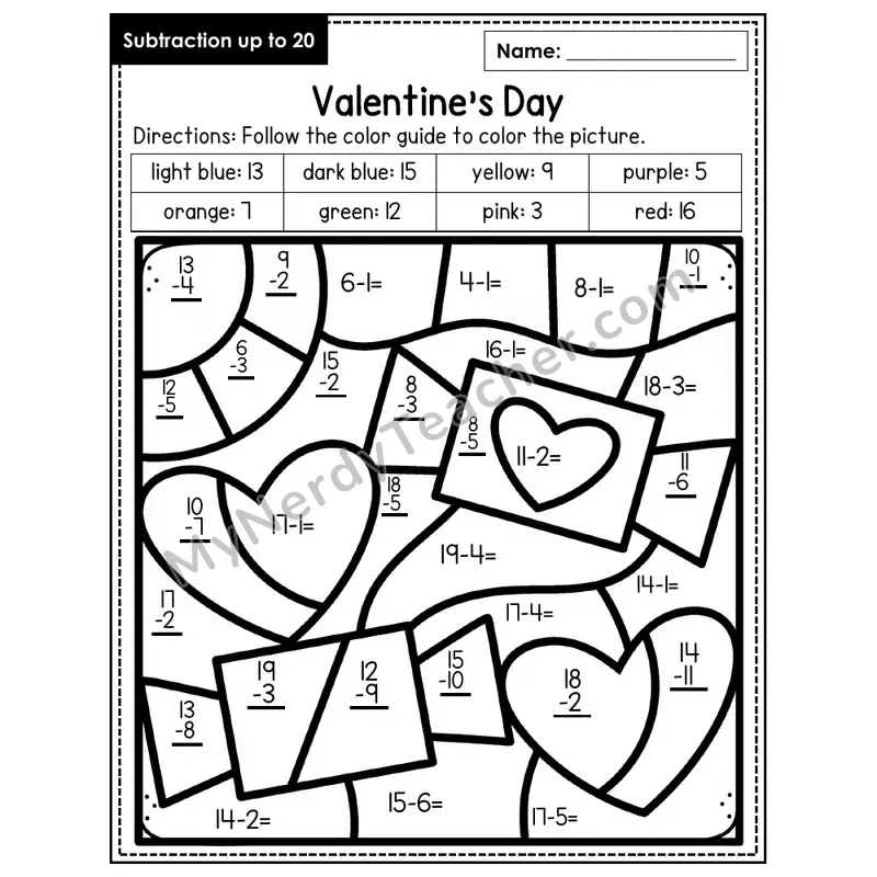 Subtraction to 20 Color by Number — Valentine's Day (Page 3)