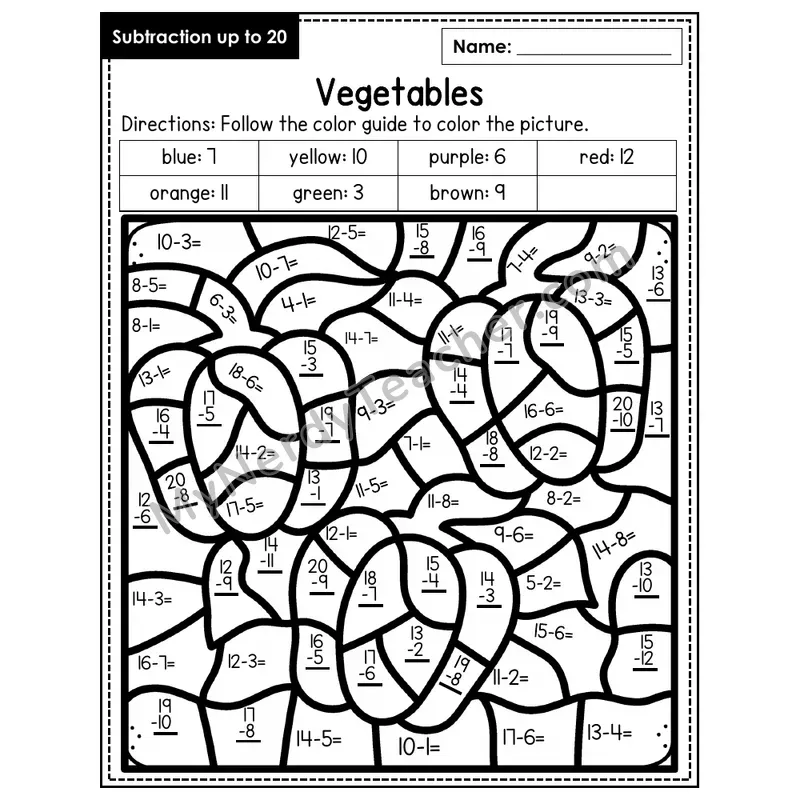 Subtraction to 20 Color by Number — Vegetables (Page 1)