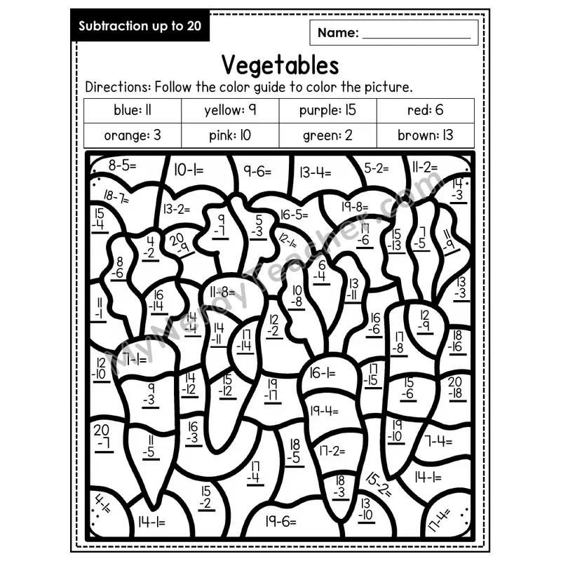Subtraction to 20 Color by Number — Vegetables (Page 2)