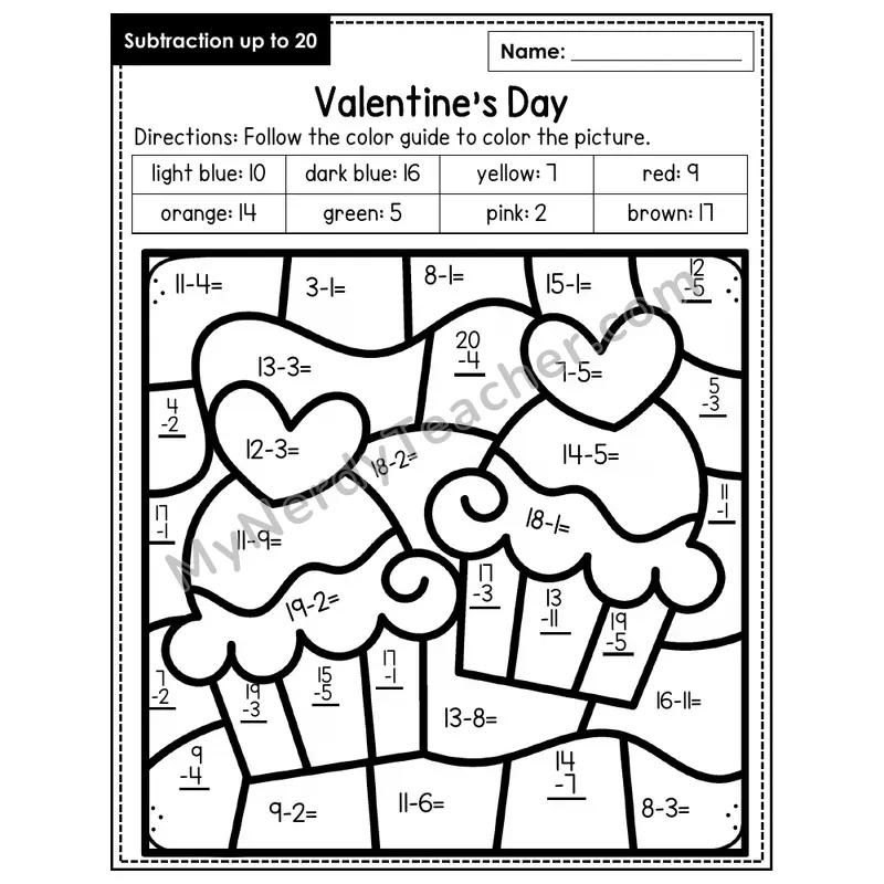 Subtraction to 20 Color by Number — Valentine's Day (Page 7)